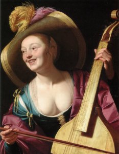 A young woman playing a viola da gamba